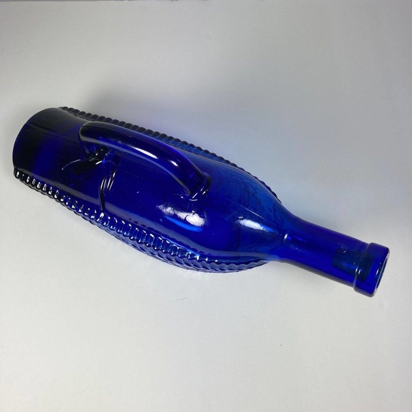 Vintage Cobalt Blue Embossed Wine Bottle | Quilted Lattice Wicker Basket, Handle - Picture 9 of 10